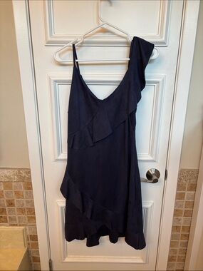 She + Sky Navy One-Shoulder Ruffle Dress